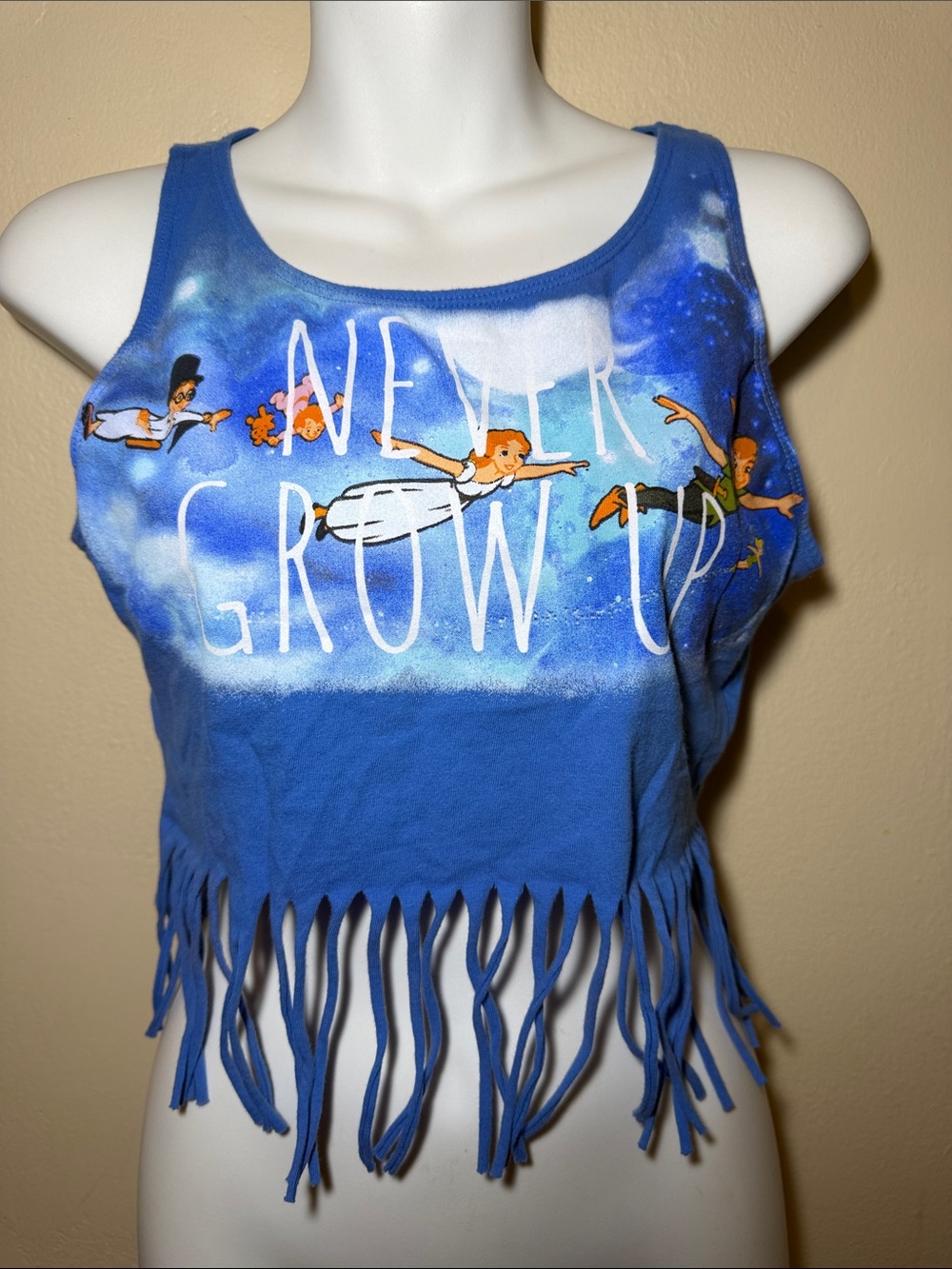 Disney Blue 'Never Grow Up' Fringe Crop Tank Top